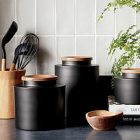 Clark Medium Matte Black Canister – Steel with Acacia Wood Lid, 6" x 6.1"