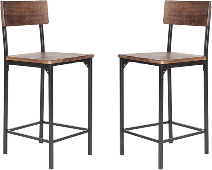 Set of Two 25" Brown and Black Solid Wood and Metal Counter Height Bar Chairs