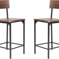 Set of Two 25" Brown and Black Solid Wood and Metal Counter Height Bar Chairs