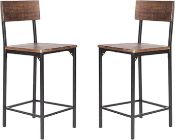 Set of Two 25" Brown and Black Solid Wood and Metal Counter Height Bar Chairs
