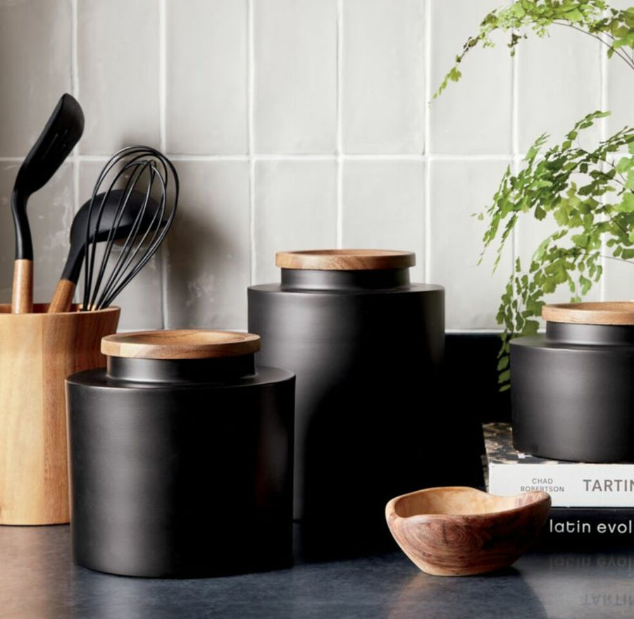 Clark Medium Matte Black Canister – Steel with Acacia Wood Lid, 6" x 6.1"