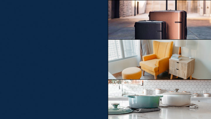 hero banner background collage - featuring luggage, a living room setup with chair and end table, and a kitchen with cookware