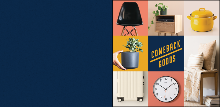 "Our Story" page hero image featuring products like pot, clock, luggage back and many more