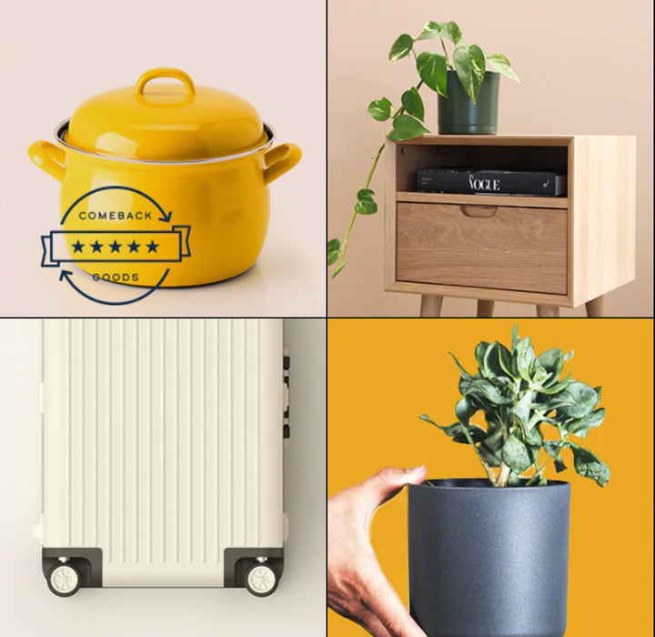 example product collage - featuring a cooking pot, end table, luggage, and a potted plant