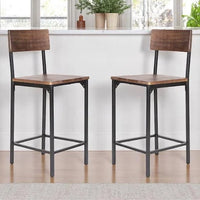 Set of Two 25" Brown and Black Solid Wood and Metal Counter Height Bar Chairs