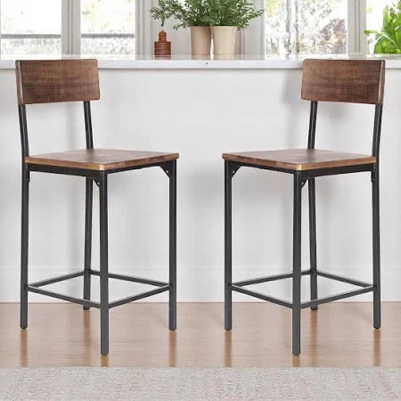 Set of Two 25" Brown and Black Solid Wood and Metal Counter Height Bar Chairs